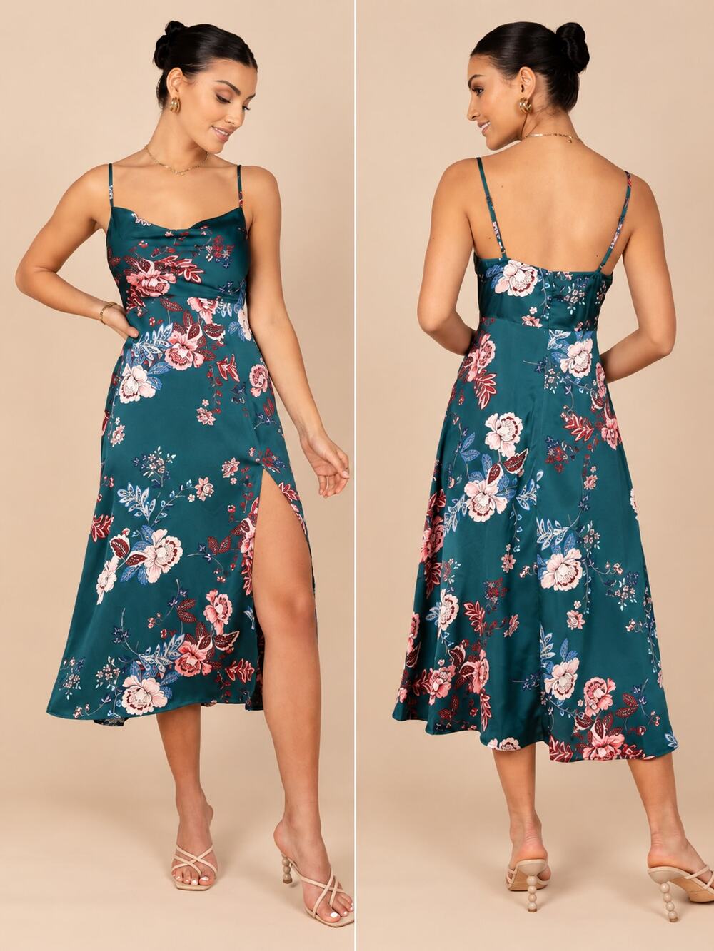 Petal and Pup Alejandra Cowl Neck Midi Dress Satin Floral Spaghetti Strap Slit